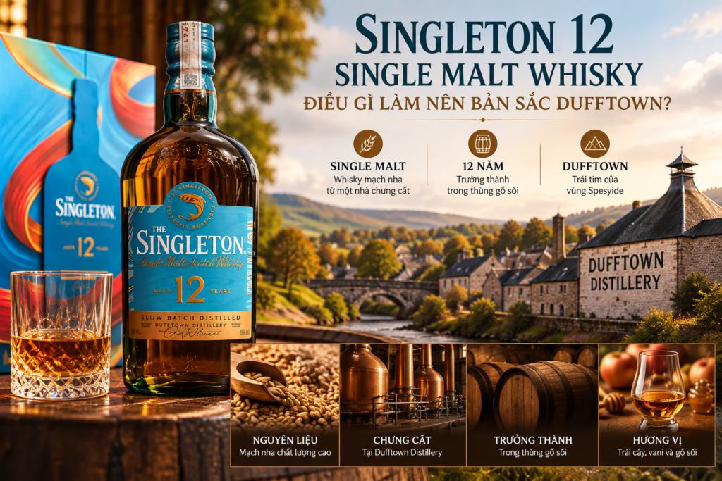 Singleton 12 Single Malt Whisky với nhãn chai Dufftown Distillery và chỉ dẫn 12 năm.