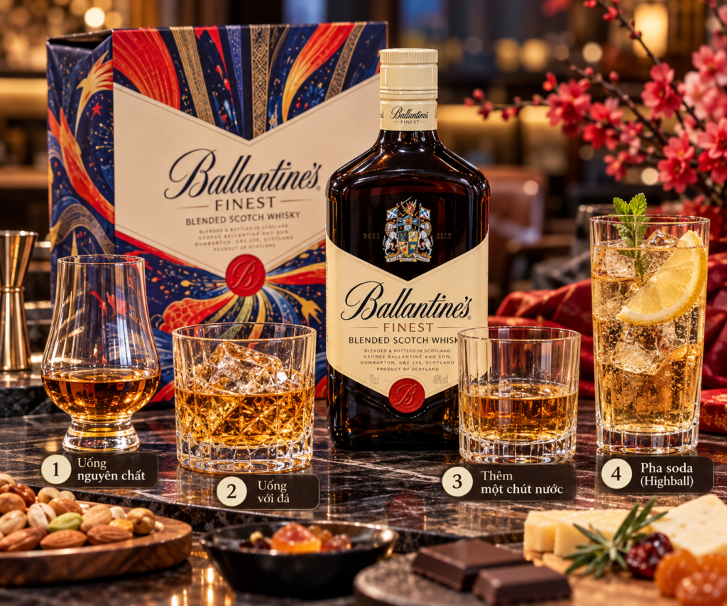 Cách uống Ballantines Finest ngon với chai whisky và ly thủy tinh