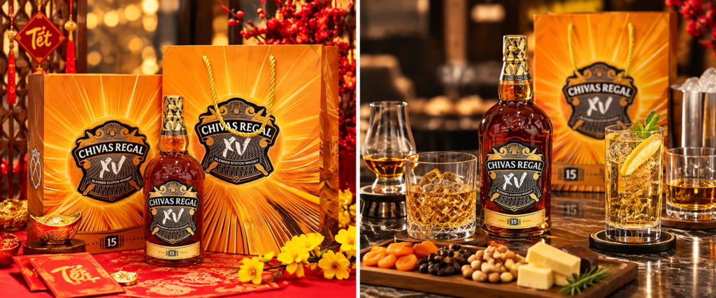 Chivas 15 làm quà biếu Tết 2027 với chai Chivas Regal XV và hộp quà vàng