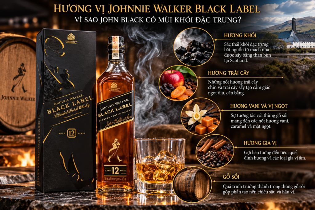 Hương vị Johnnie Walker Black Label 12 năm với đặc trưng khói và gỗ sồi