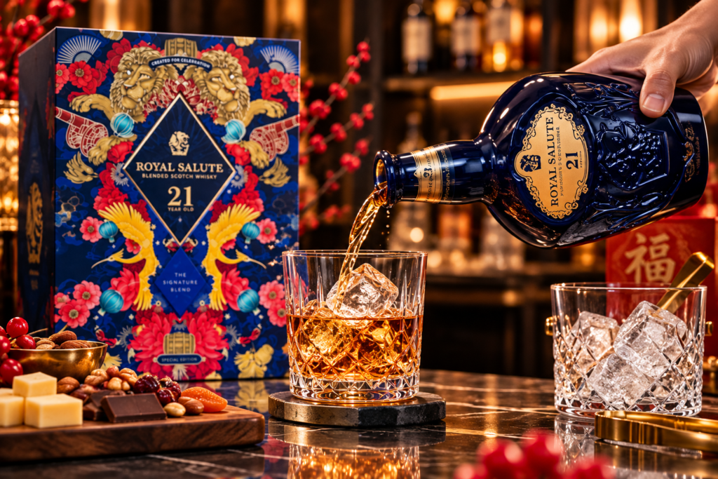 Cách uống Royal Salute 21 ngon với chai Chivas 21 rót whisky vào ly đá