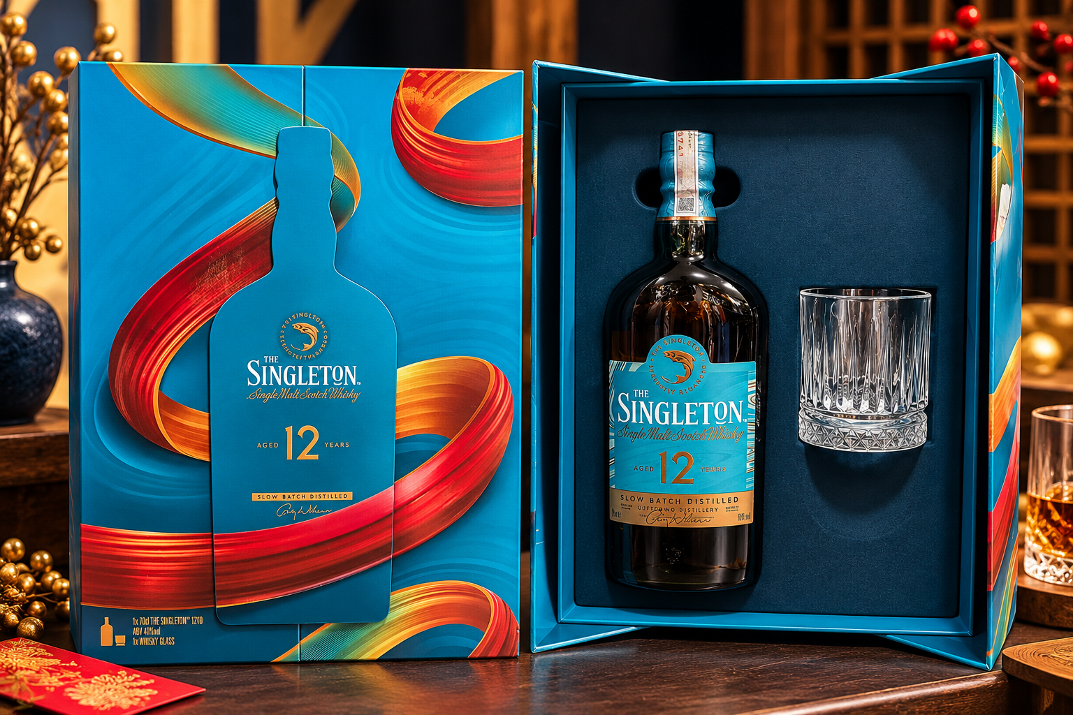 Rượu Singleton 12 quà Tết 2027 hộp xanh với họa tiết dải lụa nhiều màu