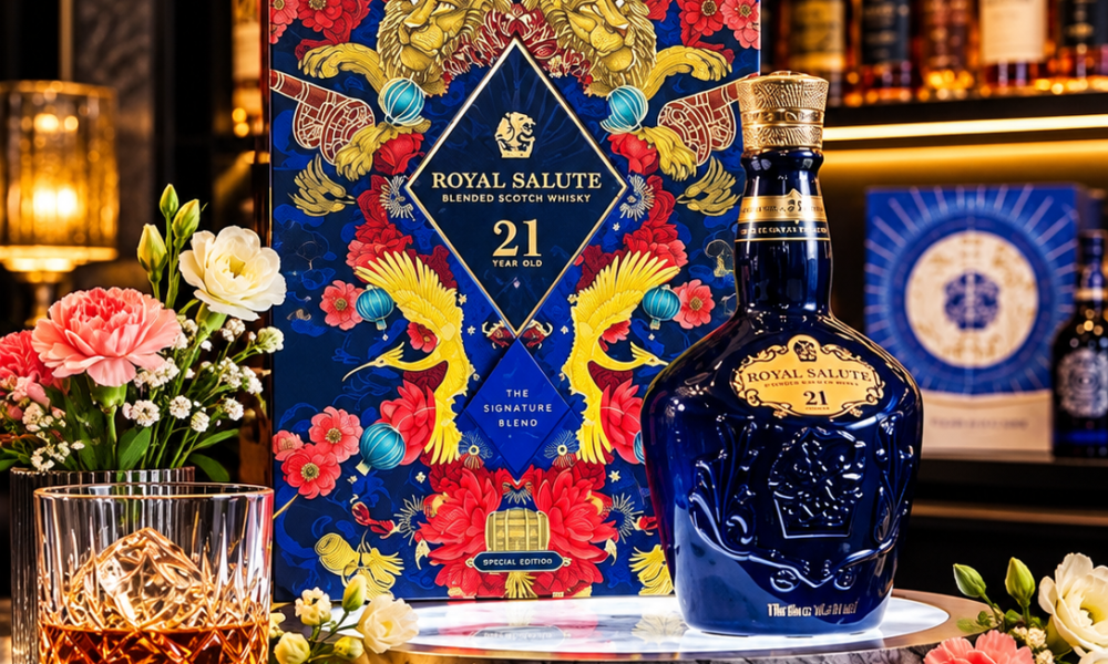 Chivas 21 làm quà biếu Tết 2027 với chai Royal Salute 21 và hộp xanh