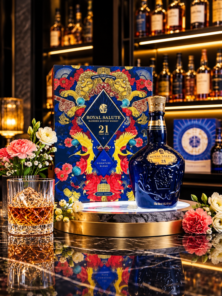 Rượu Chivas 21 quà Tết 2027 Royal Salute hộp xanh họa tiết hoa chim
