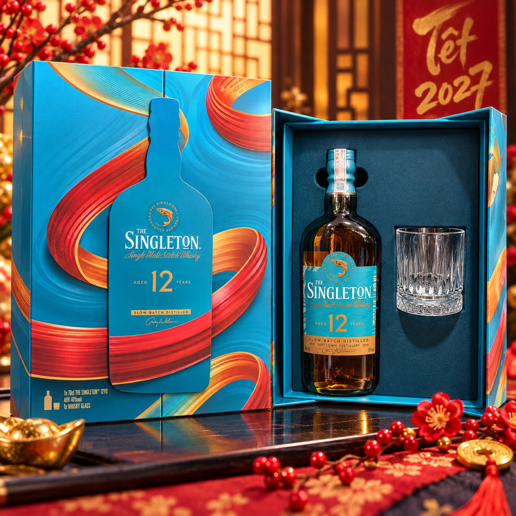 Rượu Singleton 12 quà Tết 2027 hộp xanh sang trọng gồm chai whisky Scotland 12 năm và một ly thủy tinh